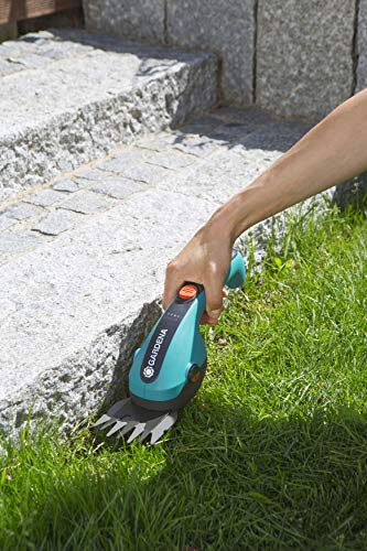 Gardena Set de tijeras cortacésped con batería: Set con mango telescópico, para cortar cómodamente los bordes del césped, Turquesa/Negro/Naranja, 36 x 13