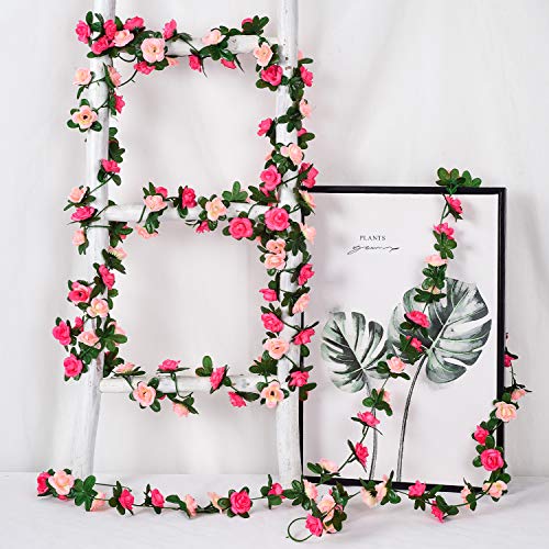 YQing 4 Piezas Artificiales Rosas Flores Guirnalda, 250cm Rosas Falsas Artificial Flor Rosa Vid Planta con Hojas de Hiedra Verde para la decoración del jardín del Banquete de Boda (Rosado)