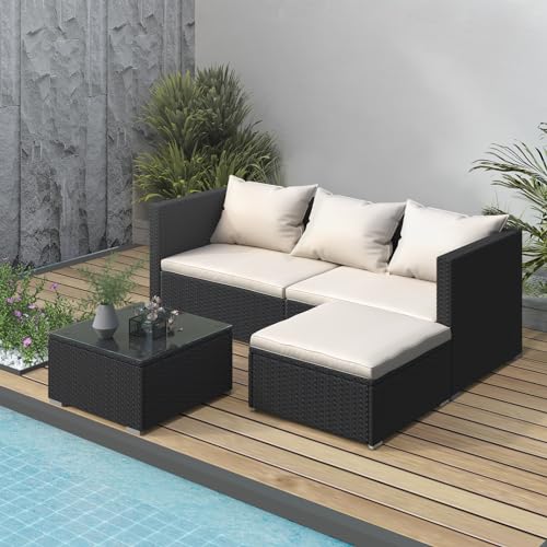 bigzzia - Juego de 5 Muebles de Patio, sofá seccional para Todo Tipo de Clima, Tejido Manual, Mimbre y ratán, Juego de conversación para Patio con cojín y Mesa de Vidrio