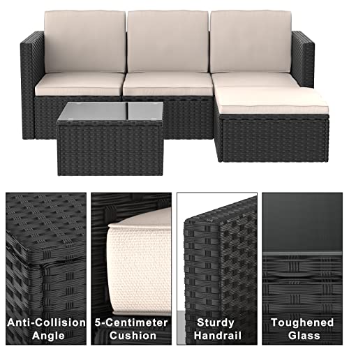 bigzzia - Juego de 5 Muebles de Patio, sofá seccional para Todo Tipo de Clima, Tejido Manual, Mimbre y ratán, Juego de conversación para Patio con cojín y Mesa de Vidrio