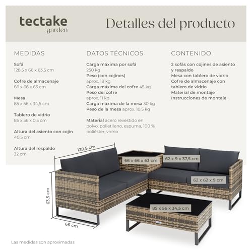 tectake® Conjunto Jardín de Ratán con Cojines Gruesos, Muebles Jardín Exterior 2 Sofás, 1 Mesa Cristal, 1 Caja Almacenamiento, Conjunto Terraza Resistente a la Intemperie, Estructura Acero - natural