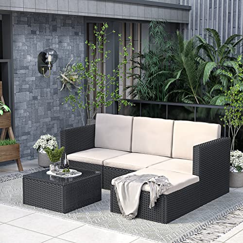 bigzzia - Juego de 5 Muebles de Patio, sofá seccional para Todo Tipo de Clima, Tejido Manual, Mimbre y ratán, Juego de conversación para Patio con cojín y Mesa de Vidrio
