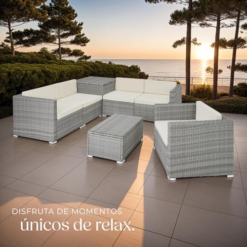 TecTake® Conjunto Jardín de Ratán, Muebles Jardín Exterior 5 Sillones, 1 Mesa Cristal, 1 Caja Almacenamiento, Conjunto Terraza Resistente a la Intemperie, con Cojines, Estructura en Acero - Gris Claro