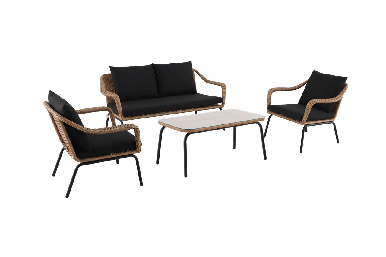 METRO Professional Conjunto Jardin Exterior, 4 Piezas, 1 Mesa, 1 sofá, 2 sillones Individuales, poliratán/Acero/poliéster, Cojines para Sofa, Outdoor, Resistente a la Intemperie, marrón/Negro