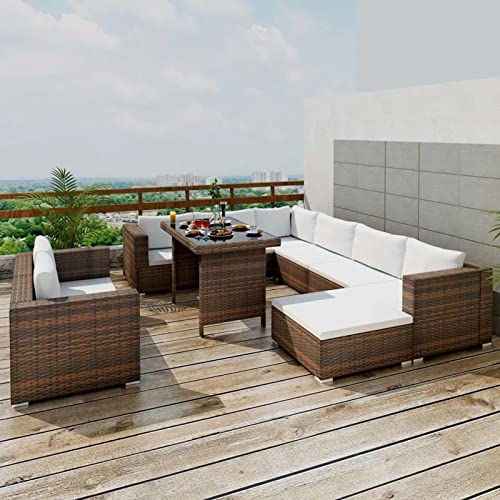 Deufre Muebles de Jardín Exterior 10 Piezas, Sofá Exterior, Conjunto de Jardín de Ratán, Muebles de Terraza,Sofa Jardin Exterior con Cojines para Terraza Balcón (Marrón)