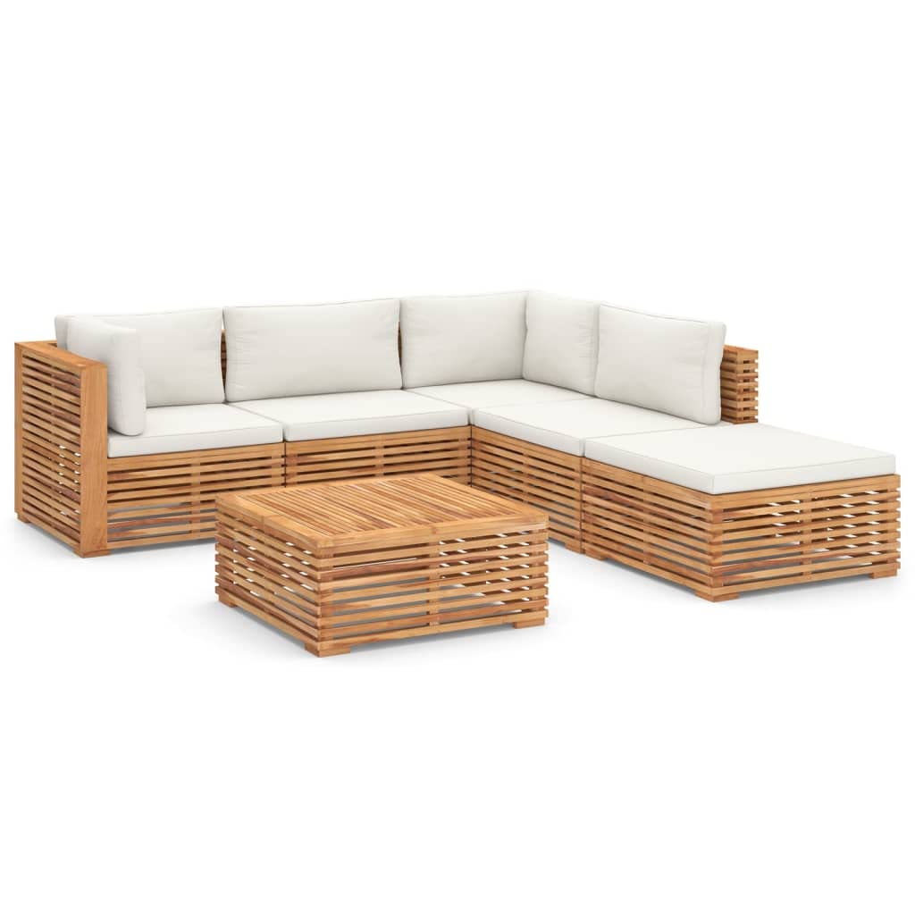 vidaXL Muebles de Jardín 6 Piezas con Cojines Mobiliario Exterior Patio Terraza Hogar Sofá Silla Mesa Asiento Suave Robusto Crema Madera Maciza Teca