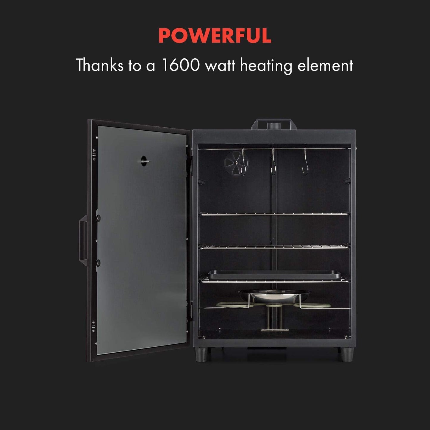 Klarstein Flintstone Steel - horno para ahumar, Ahumador, Acero inoxidable negro, 1600 W, Termostato regulable, Termómetro integrado, 3 parrillas, Doble puerta de acero inoxidable, Negro