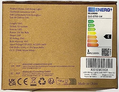 GLUROO 15M Guirnaldas Luminosas de Exterior, Cadena de Luces Exterior con 26 Bombillas E12 de Plástico Inastillable G40, Impermeable IP45 Guirnaldas Luces LED para de Jardines Patios Bares Fiestas