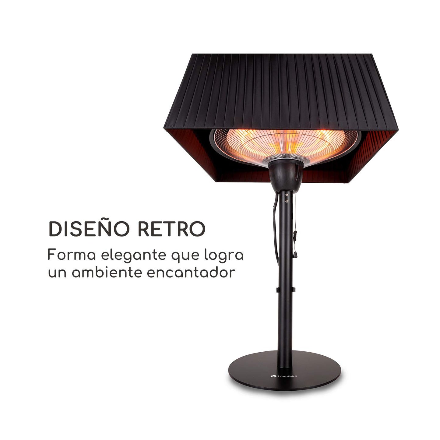 blumfeldt Loras Style - Calefactor eléctrico infrarrojo, Potencia de 1500 W, hasta 30 m², Sistema ComfortHeat, Cuerda de tracción, Pantalla con Cubierta de Tela, Negro