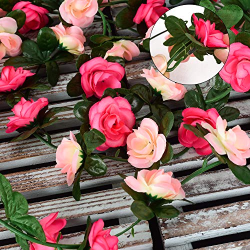 YQing 4 Piezas Artificiales Rosas Flores Guirnalda, 250cm Rosas Falsas Artificial Flor Rosa Vid Planta con Hojas de Hiedra Verde para la decoración del jardín del Banquete de Boda (Rosado)