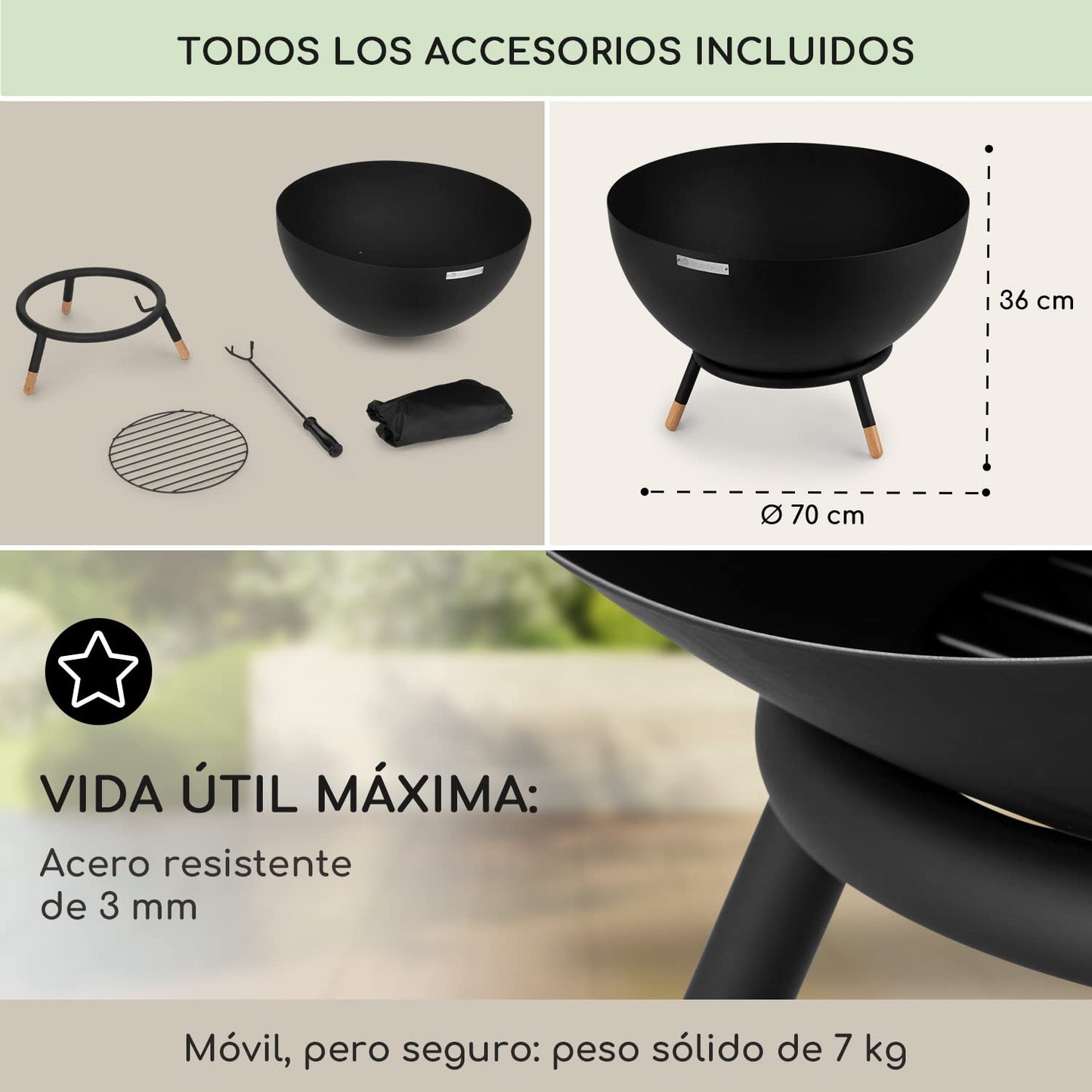 Blumfeldt Brasero de leña Exterior para Jardin, Estufa para Camping, con Trípode, Quemador de Acero, para Terraza, Chimenea, Fireball Fire Pit 66x66 cm