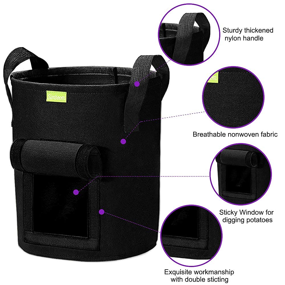 SIMBOOM Bolsas de Cultivo de Papa, 2PCS Bolsas para Plantas de Geotextil Respirable para Zanahoria Cebolla Flores con Mango Resistente y Ventana Visual(Negro) - 10 Galones 40L