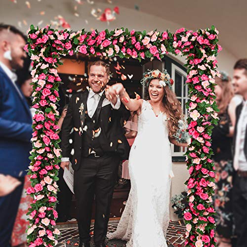 YQing 4 Piezas Artificiales Rosas Flores Guirnalda, 250cm Rosas Falsas Artificial Flor Rosa Vid Planta con Hojas de Hiedra Verde para la decoración del jardín del Banquete de Boda (Rosado)