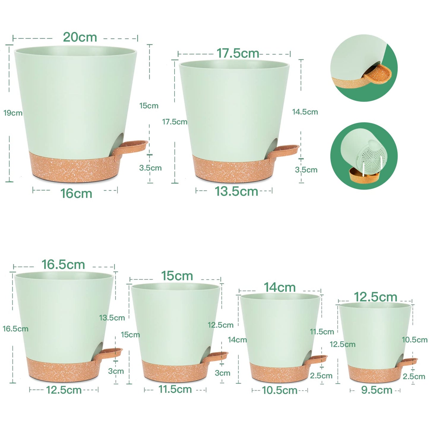 Warmplus Macetas de Riego Automático para Interior, 20/17.5/16.5/15/14/12.5cm Macetas de Plástico con Agujeros de Drenaje Plato y Depósito, Macetas de Interior para Todas Las Plantas de Casa, Verde