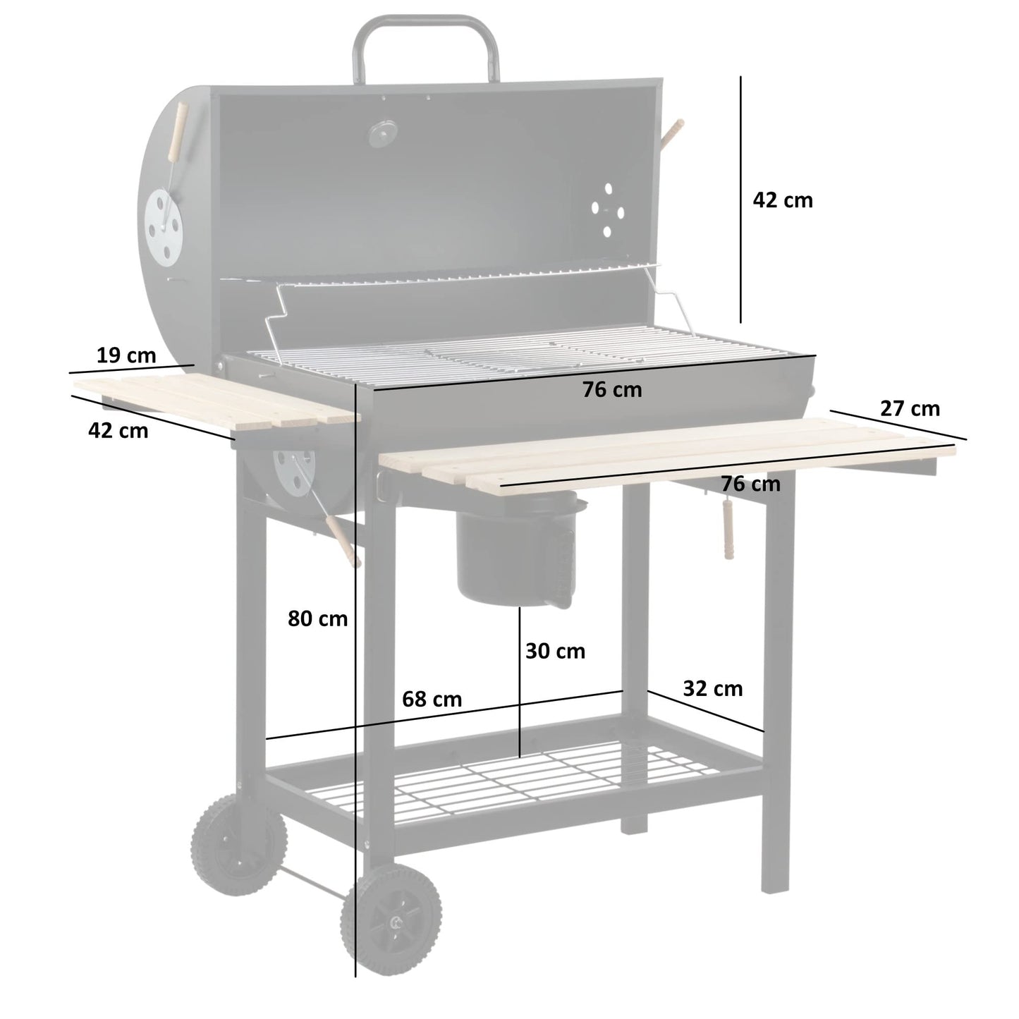 BBQ-Toro Carro de Barbacoa de Carbón Premium | Ø 42 x 80 cm | Ahumador Móvil | Parrilla de Barbacoa con Tapa | Con Mesas Laterales de Madera