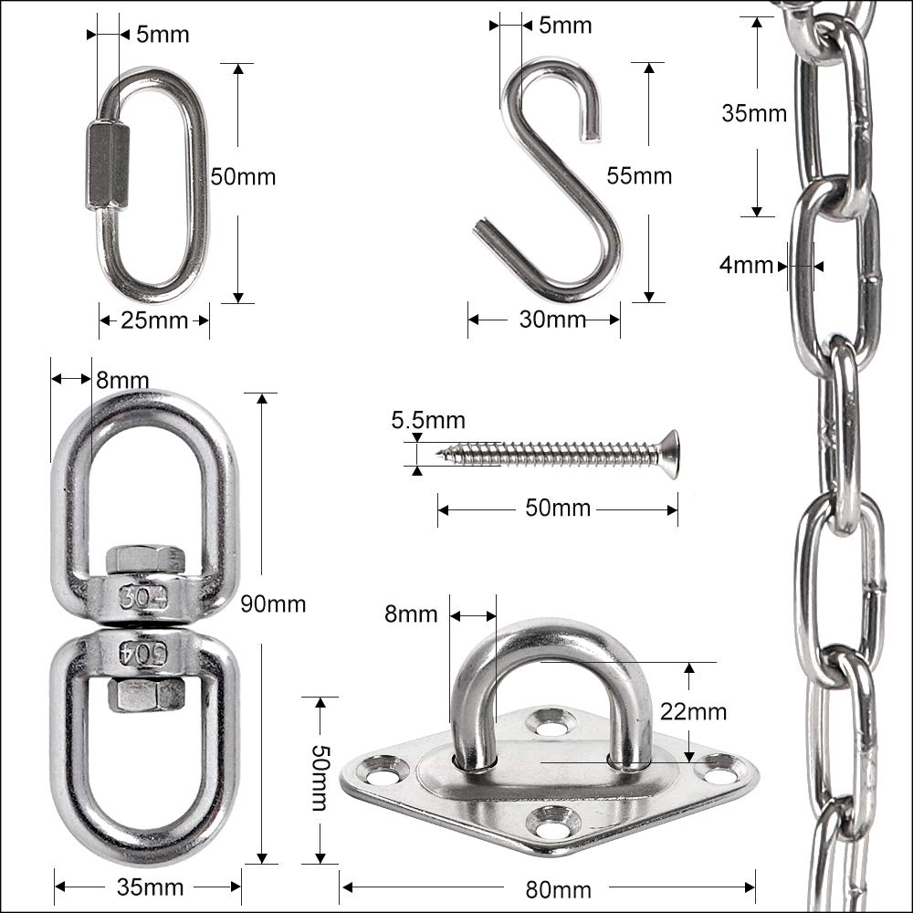 Chihee Kits de Silla de Hamaca Colgantes Conjunto de Piezas Ganchos giratorios de 200 KG con 1 Metro Cadena de Acero Inoxidable giratoria Perforacion de Hebilla Pilates Servicio Pesado
