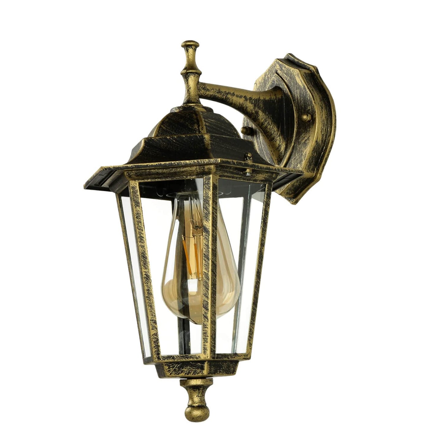 Licht-Erlebnisse Lámpara de pared exterior de vidrio y aluminio en oro antiguo, IP44, para casa y balcón, 36 cm de altura, E27, farol antiguo rústico, PARIS