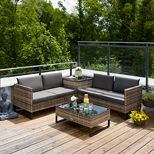tectake® Conjunto Jardín de Ratán con Cojines Gruesos, Muebles Jardín Exterior 2 Sofás, 1 Mesa Cristal, 1 Caja Almacenamiento, Conjunto Terraza Resistente a la Intemperie, Estructura Acero - natural