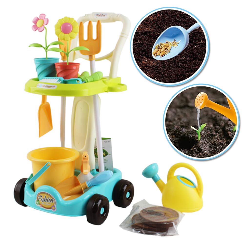 deAO- Juego de 26 Herramientas de jardinería Carrito con rastrillo, Pala, regadera, Cubo y Accesorios de jardín incluidos, Divertido Juguete Educativo para niños, Multicolor, Medium (FTAL-GRDN)