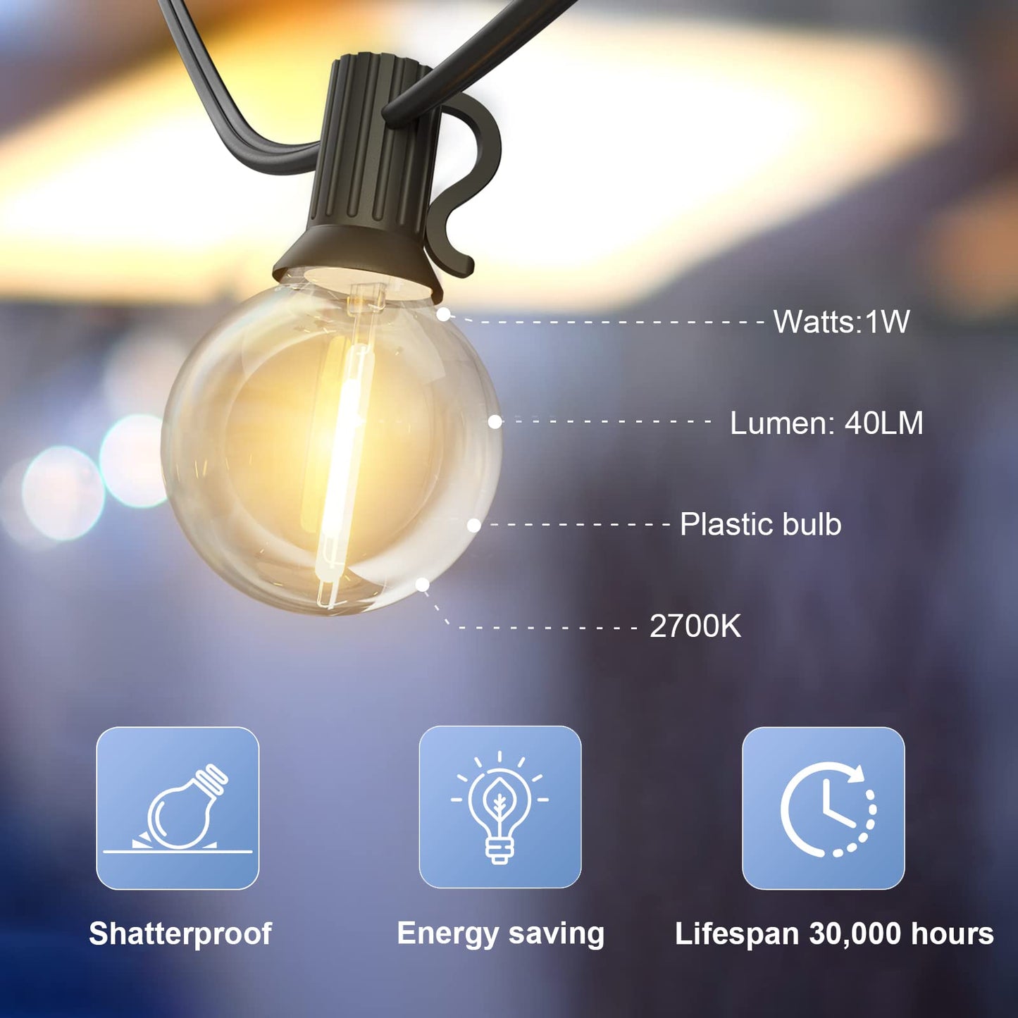 GLUROO 15M Guirnaldas Luminosas de Exterior, Cadena de Luces Exterior con 26 Bombillas E12 de Plástico Inastillable G40, Impermeable IP45 Guirnaldas Luces LED para de Jardines Patios Bares Fiestas