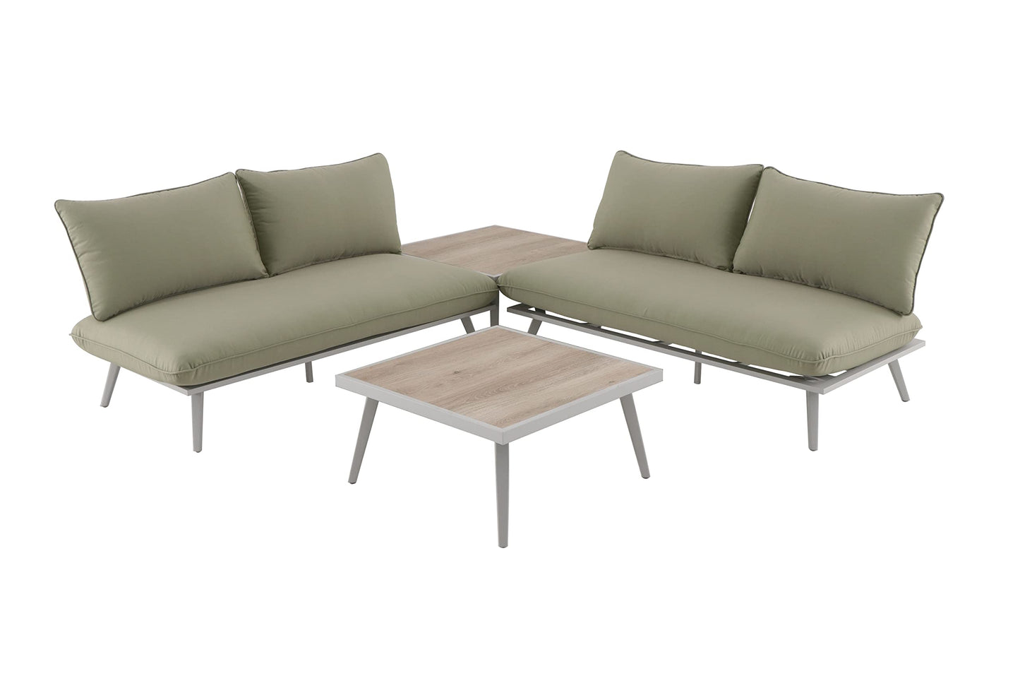 Tarrington House Sofa Set de Exterior Lualu, 4 Piezas, 2 Sofa Exterior de 2 plazas, 1 Mesa de café, 1 Mesa Auxiliar, Aluminio/poliéster/Madera, con Cojines, para terraza o jardín, Verde/Plata