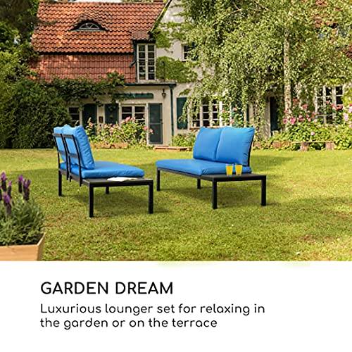 blumfeldt Cartagena Lounger - Bancos de jardín, Set: 2 biplazas + Mesa, 2 Cojines, 4 Cojines, Modular, Mobiliario de 4 a 6 Personas, sillón para 2 Personas, Acero, Poliéster, Azul