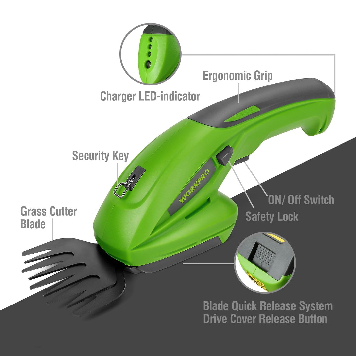 WORKPRO - Cizalla para césped con 2 Cuchillas, batería de 1500 mAh, Cargador para Corte, podado