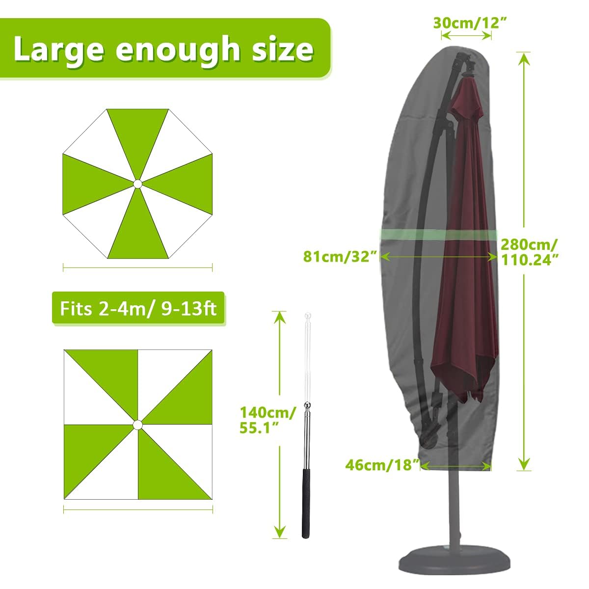 GEMITTO Funda Protectora para sombrilla (diámetro 2-4 m) Funda Impermeable para sombrilla de jardín