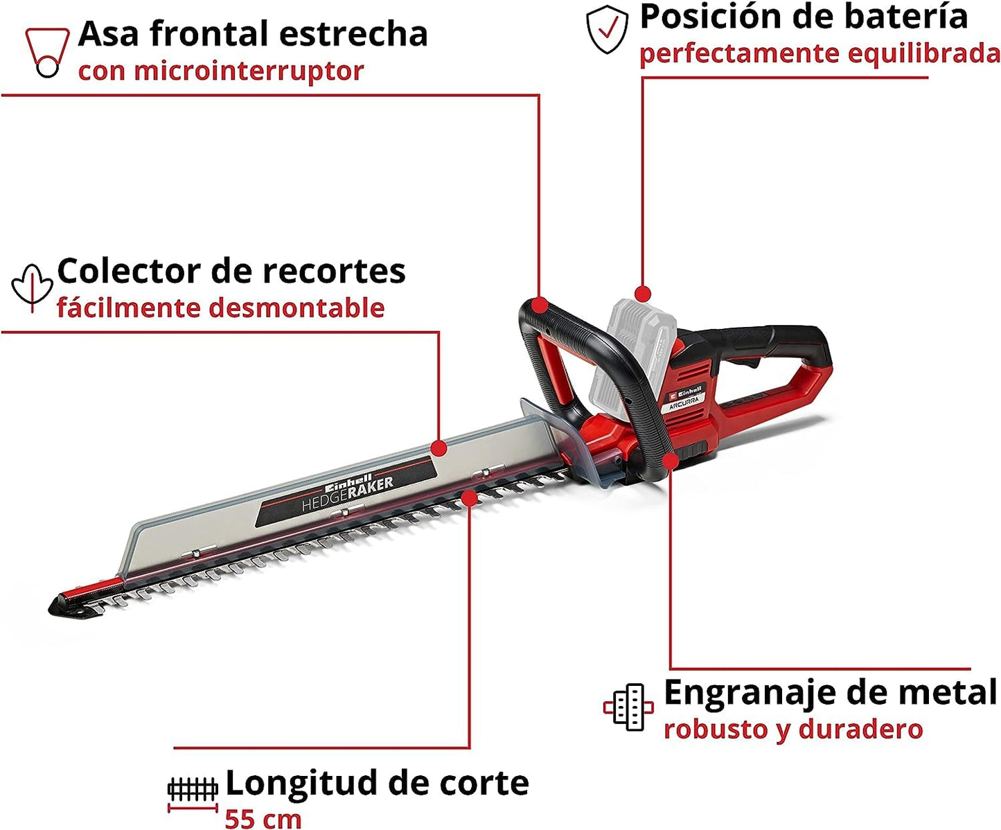 Einhell Cortasetos con batería ARCURRA 18/55 Power X-Change (18 V, 55 cm de longitud de corte, 18 mm distancia entre dientes, colector de recortes, asa frontal estrecha, sín batería)