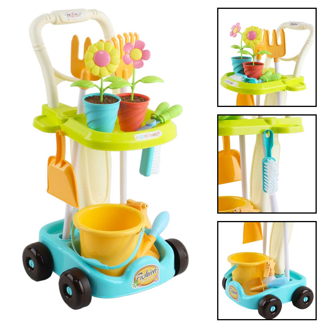 deAO- Juego de 26 Herramientas de jardinería Carrito con rastrillo, Pala, regadera, Cubo y Accesorios de jardín incluidos, Divertido Juguete Educativo para niños, Multicolor, Medium (FTAL-GRDN)