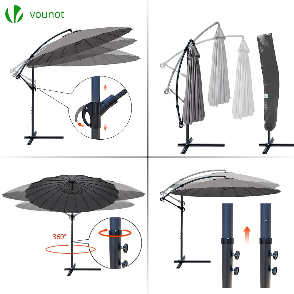 VOUNOT 300 cm Shanghai Parasol Excentrico, Sombrilla Jardín con Manivela y Funda Protectora Protección UV, Gris