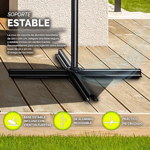 tillvex 300 cm Sombrilla Excentrico con 32 Luces LED Solar | Parasol para Terraza Jardín Balcón Patio | con Manivela y Base en Cruz, Giratorio 360º, Protección UV