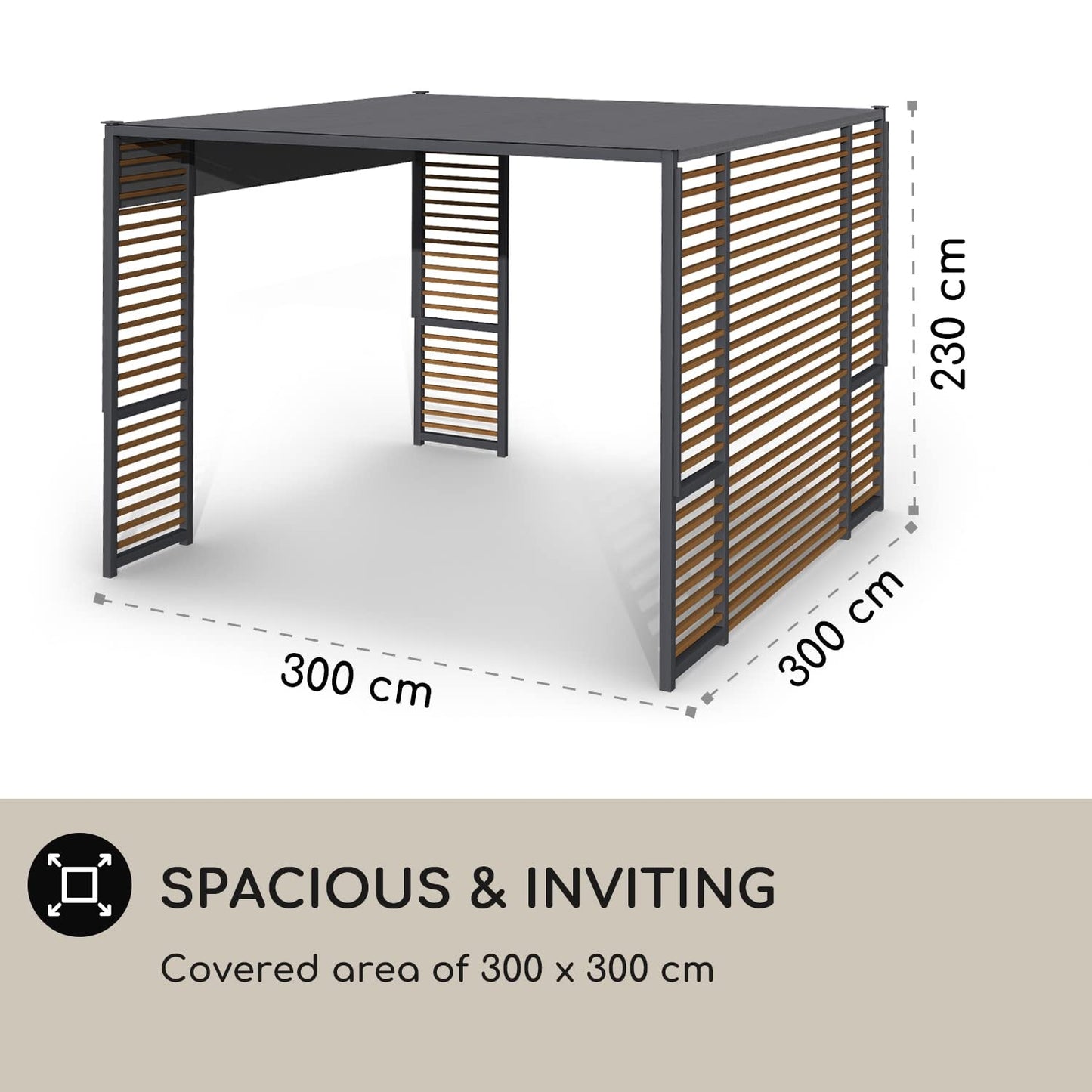 blumfeldt Carpa Jardin 3 x 3 m, Cenador para Jardin con Listones de Madera, Tamaño Grande y Resistente al Agua y Aire, Cenadores para Jardin 1,5W, Pergola de Diseño con Luces Solares LED, UV50+