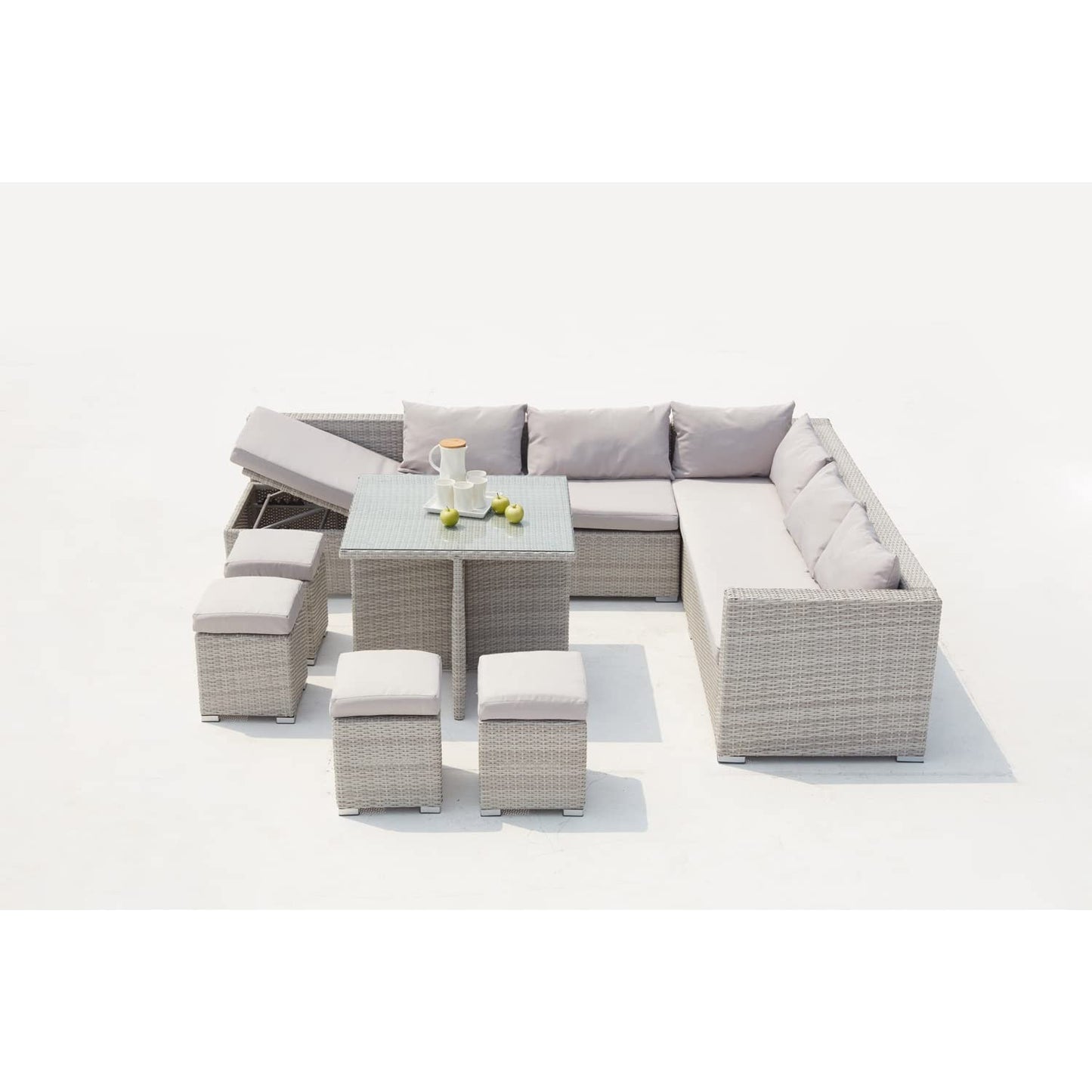 Concept-Usine | Mobiliario de Jardín Fidji, Resina Trenzada Color Gris para 10 Personas, Sofá Grandes con Asiento Reclinable, 4 Pufs y Almacenamiento. Mesa Alta con Vidrio Templado.