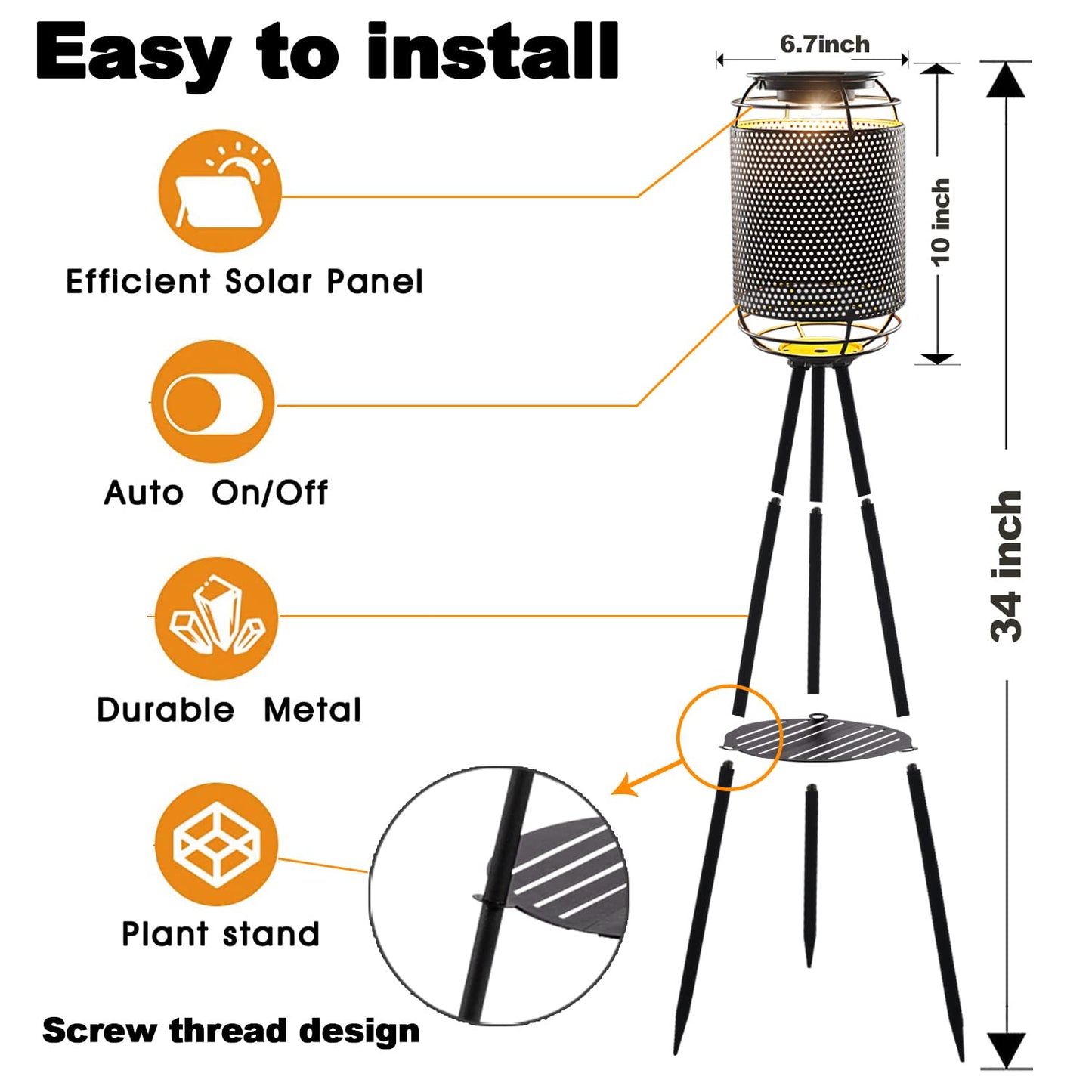 JJALIGHTS Lámpara solar de pie con tres patas, resistente al agua, LED, para patio, cubierta, césped, patio, jardín, camino (negro)