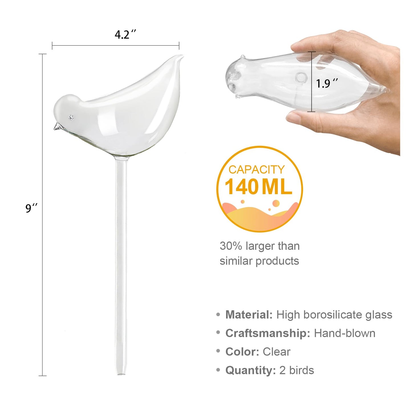 REUUY KiKiHome - Goteros de agua para plantas, bombillas de vidrio para plantas, globos de riego automático para plantas, dispositivo de riego automático para plantas de interior y exterior, 2 pájaros