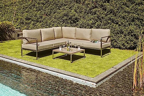 Greemotion Conjunto Muebles de Jardín Sydney 4 Piezas, Juego de Sofá Esquinero de Acero Inoxidable Cepillado para 5 Personas con Mesa, Cojines Incluidos, Plateado