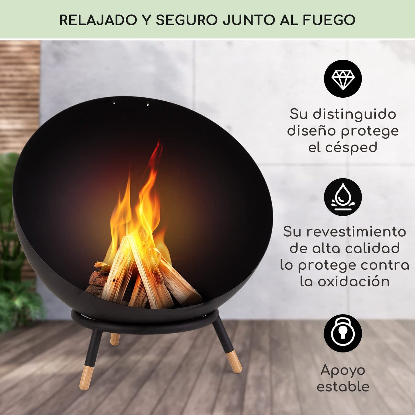 Blumfeldt Brasero de leña Exterior para Jardin, Estufa para Camping, con Trípode, Quemador de Acero, para Terraza, Chimenea, Fireball Fire Pit 66x66 cm