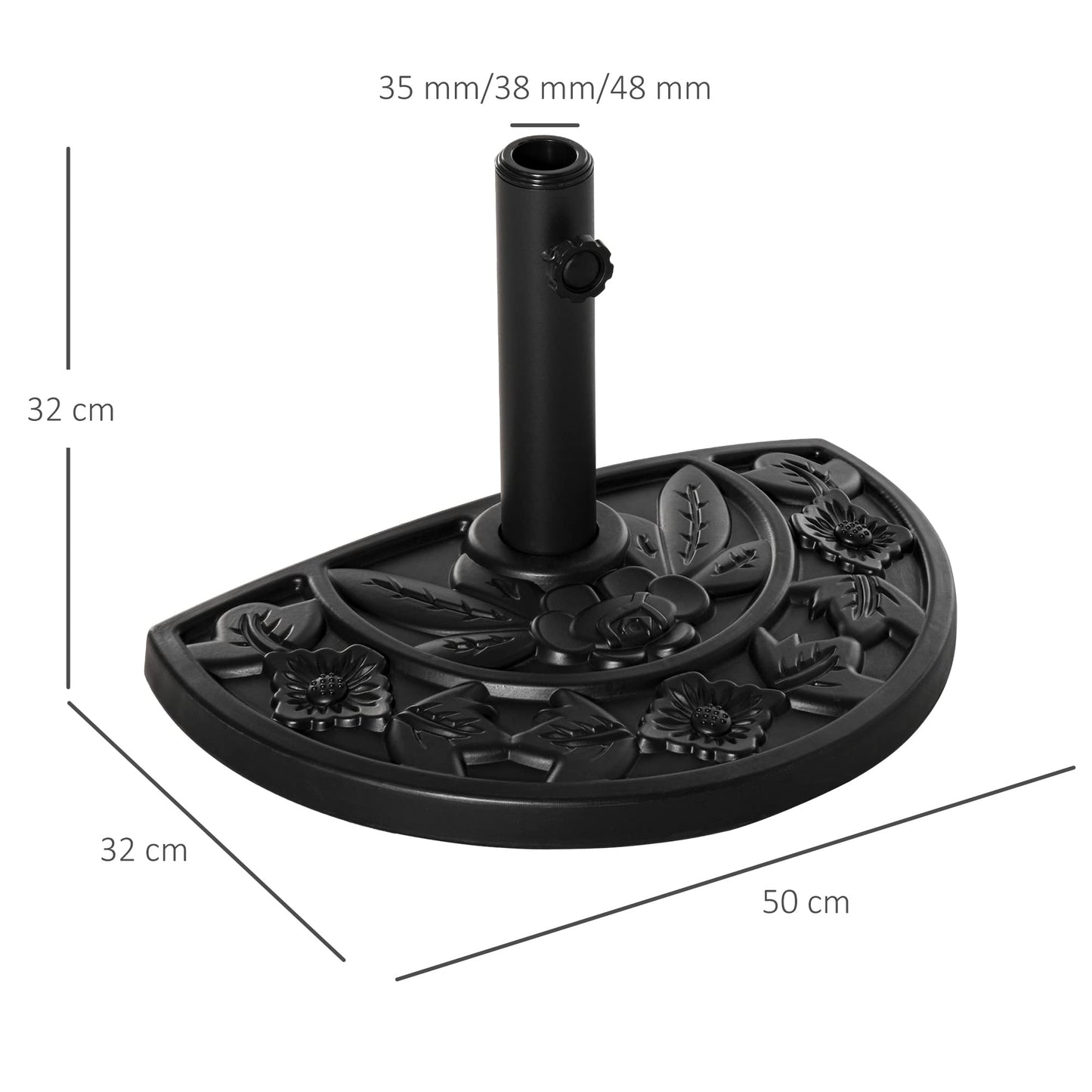 Outsunny Base para Sombrilla Semicircular Peso 9 kg Soporte Parasol de Jardín Apto para Mástil de 35mm/38mm/48mm Relleno de Cemento para Terraza Patio 50x32x32 cm Negro