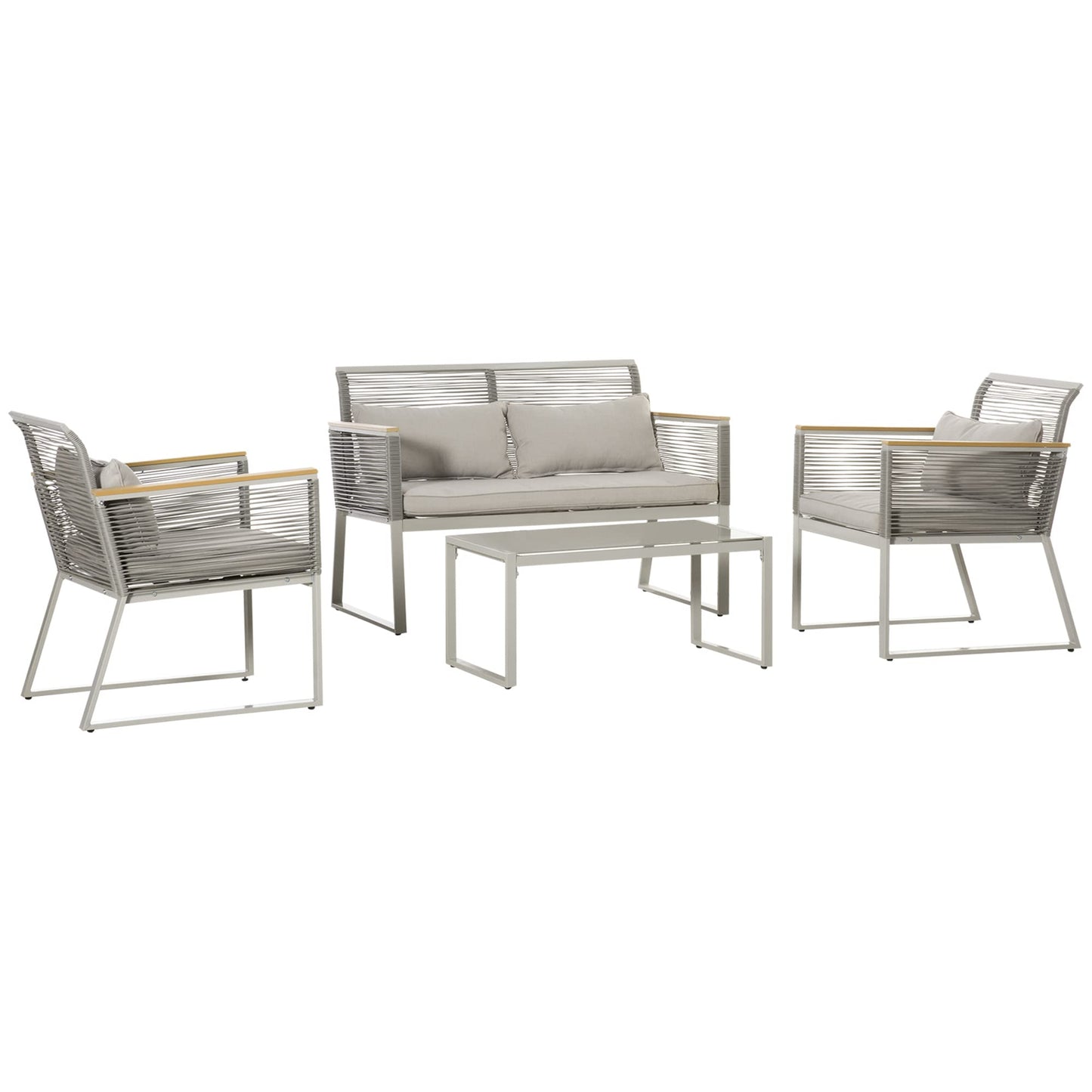 Outsunny Conjunto de Muebles de Jardín de Ratán 4 Piezas Sofá Doble 2 Sillones Individuales y Mesa de Café de Vidrio con Cojines Desenfundables para Exterior Terraza Gris