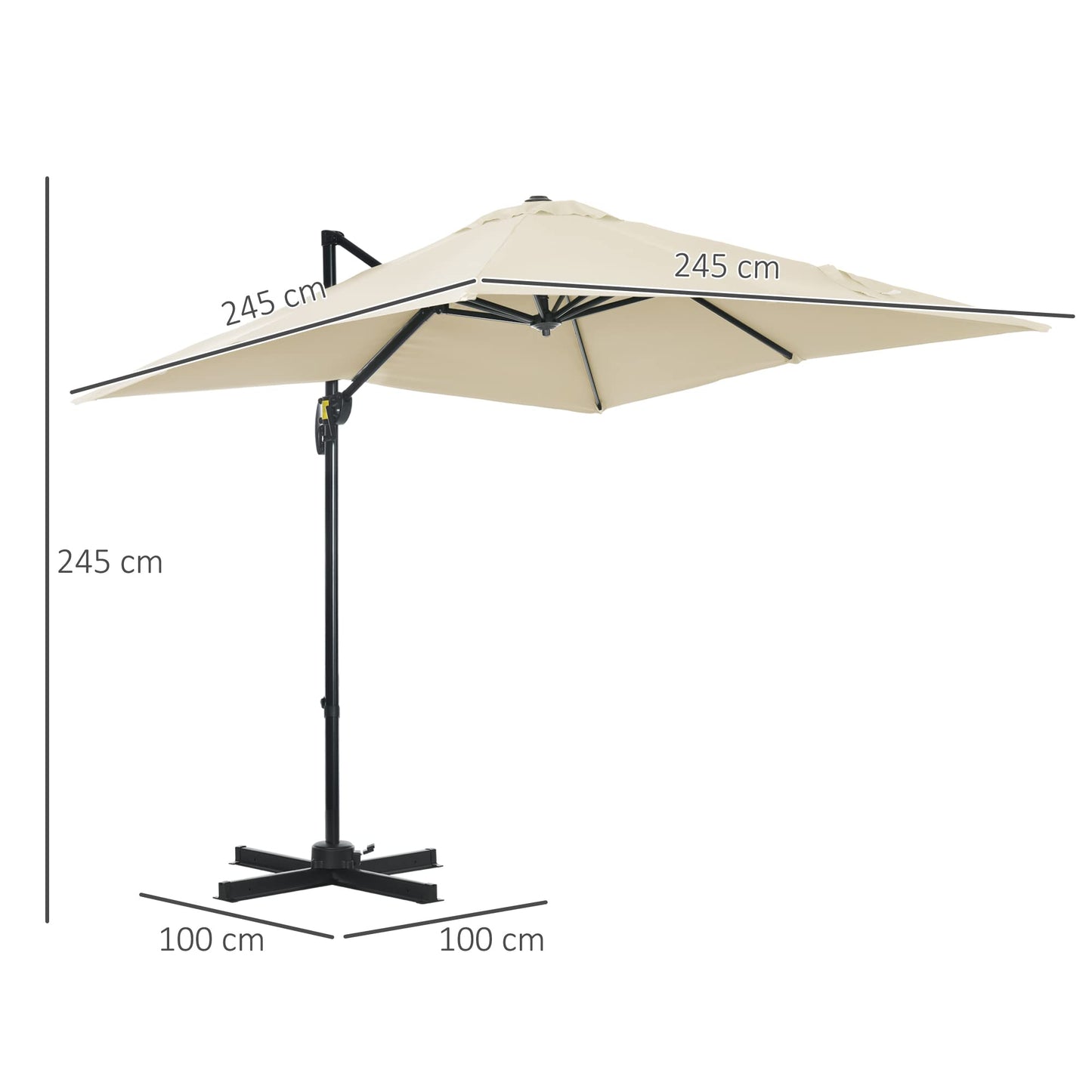 Outsunny Sombrilla de Jardín de Aluminio 245x245x245 cm Parasol Excéntrico con Manivela Giratorio 360° Inclinación de 5 Niveles Tela Desmontable Crema