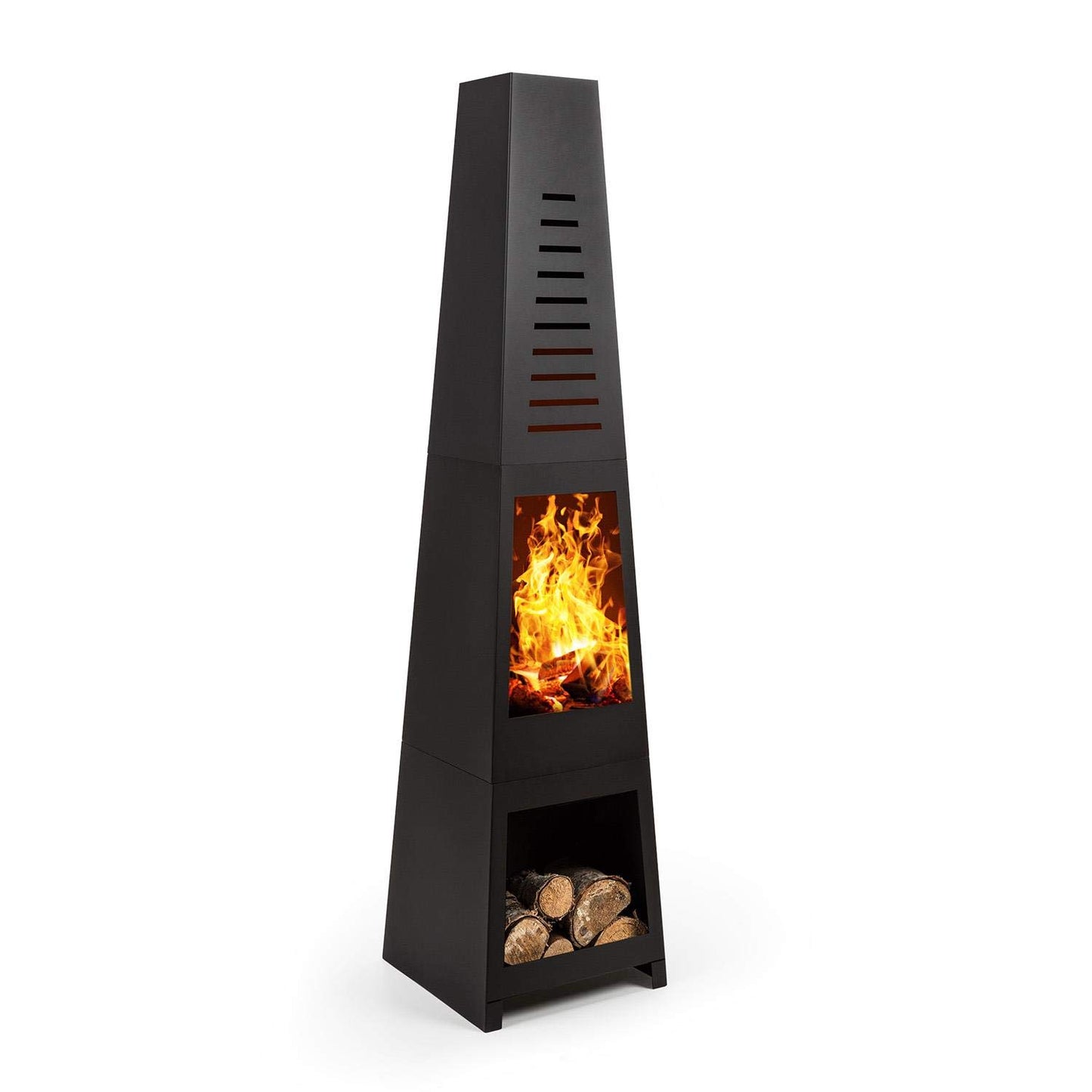 Blumfeldt Monument - Chimenea de Patio, Horno de terraza, Fuego Visible, Acero Inoxidable, Compartimento para leña, Antivuelco, Parrila para carbón y atizador, Negro