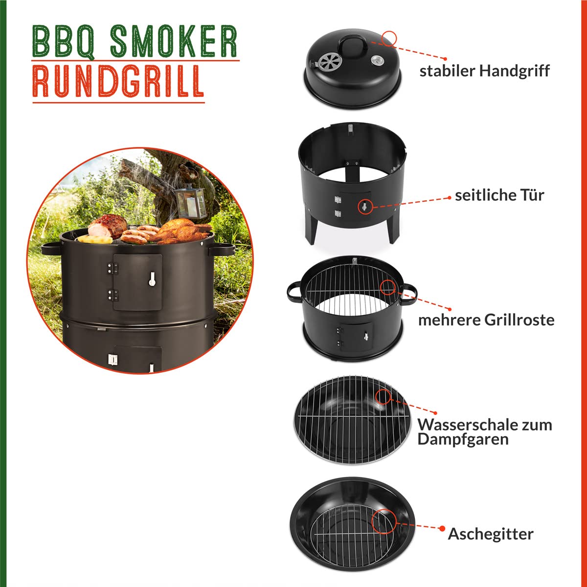 Gardebruk Barbacoa Ahumador de Carbón 3en1 Barril de Parrilla con Termómetro Plegable Horno para Ahumar Grill