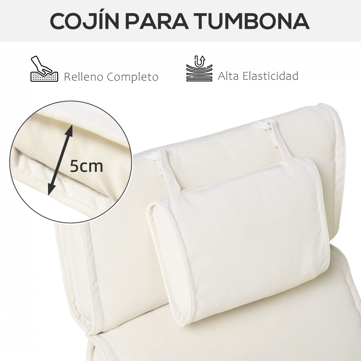 Outsunny Cojín para Tumbona de Exterior 198x53x5 cm Desenfundable y Lavable con Reposacabezas Extraíble Colchoneta Plegable de Algodón para Silla Reclinable de Jardín Crema