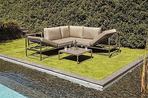 Greemotion Conjunto Muebles de Jardín Sydney 4 Piezas, Juego de Sofá Esquinero de Acero Inoxidable Cepillado para 5 Personas con Mesa, Cojines Incluidos, Plateado