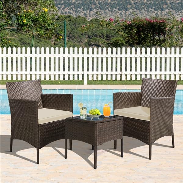 Yaheetech Conjunto de Muebles de Jardín Exterior Juego de Sillas y Mesa Terraza con Cojines Sillas de Ratán PE para Balcon