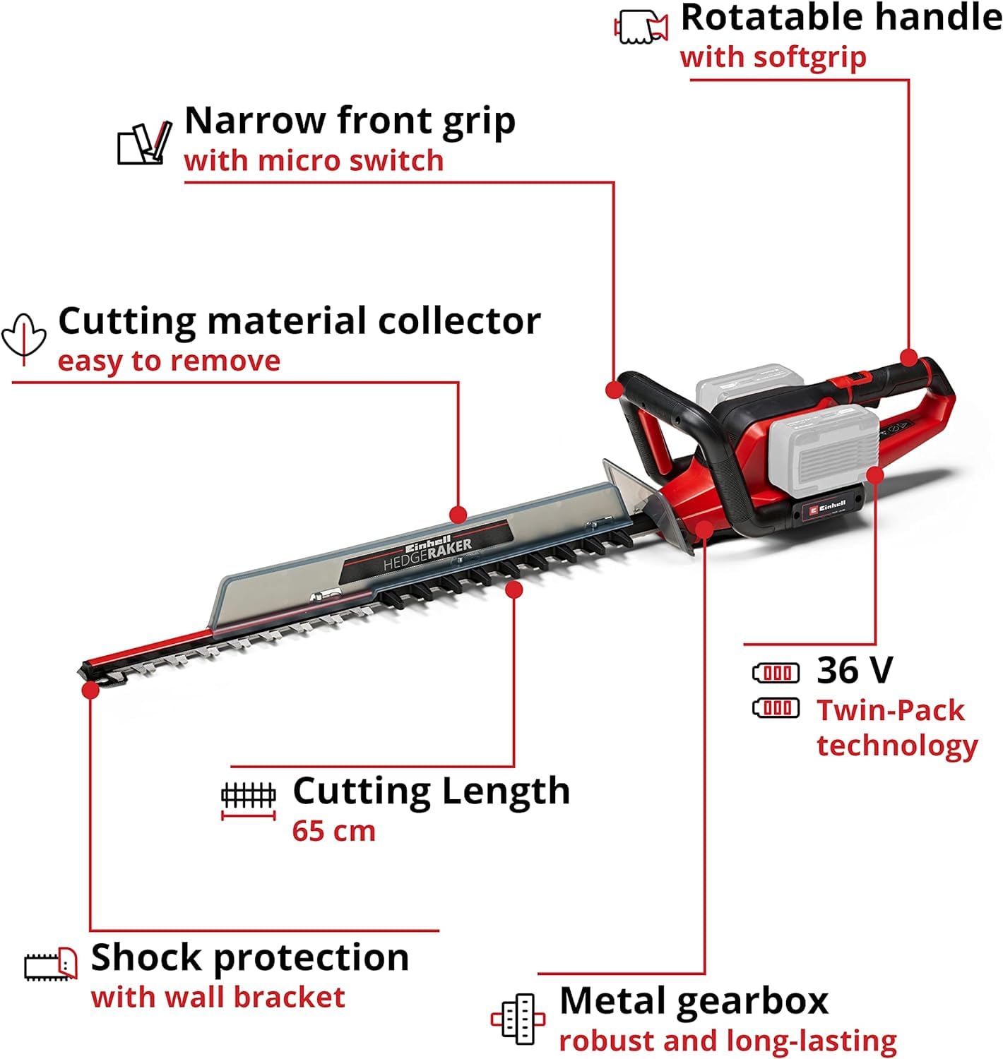 Einhell Cortasetos con batería GE-CH 36/65 Li-Solo Power X-Change (36 V, 65 cm de longitud de corte, 30 mm distancia entre dientes, mango giratorio, colector de recortes, sín batería)