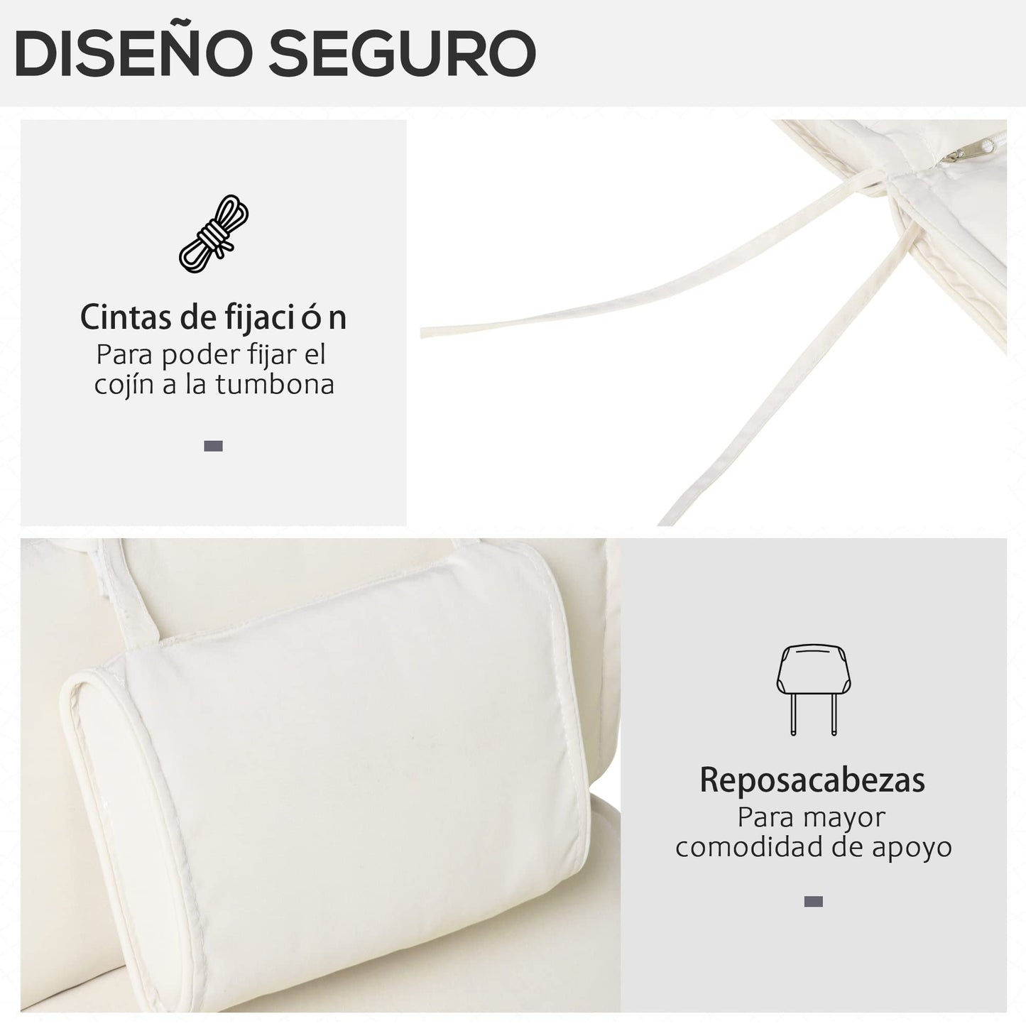 Outsunny Cojín para Tumbona de Exterior 198x53x5 cm Desenfundable y Lavable con Reposacabezas Extraíble Colchoneta Plegable de Algodón para Silla Reclinable de Jardín Crema