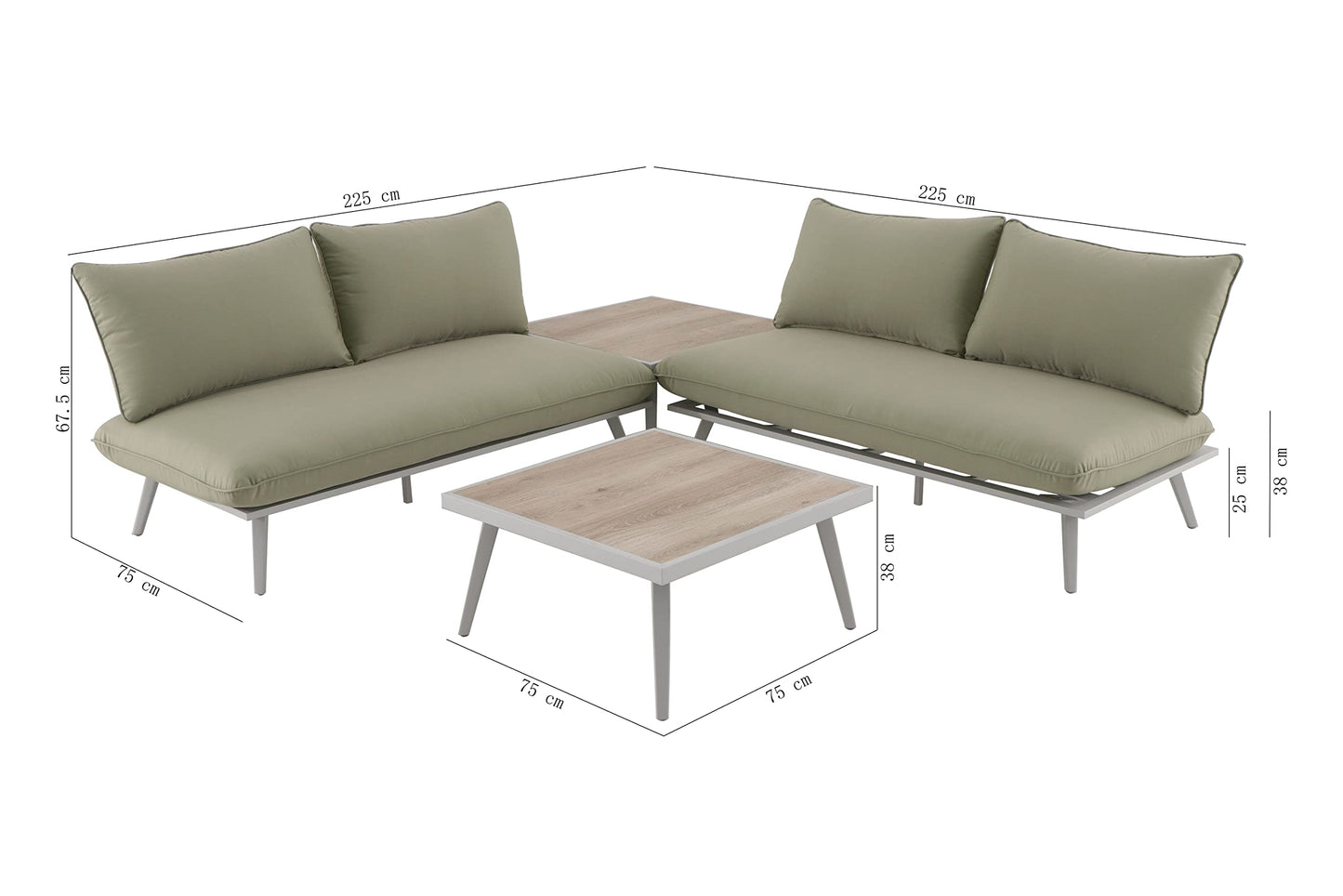 Tarrington House Sofa Set de Exterior Lualu, 4 Piezas, 2 Sofa Exterior de 2 plazas, 1 Mesa de café, 1 Mesa Auxiliar, Aluminio/poliéster/Madera, con Cojines, para terraza o jardín, Verde/Plata