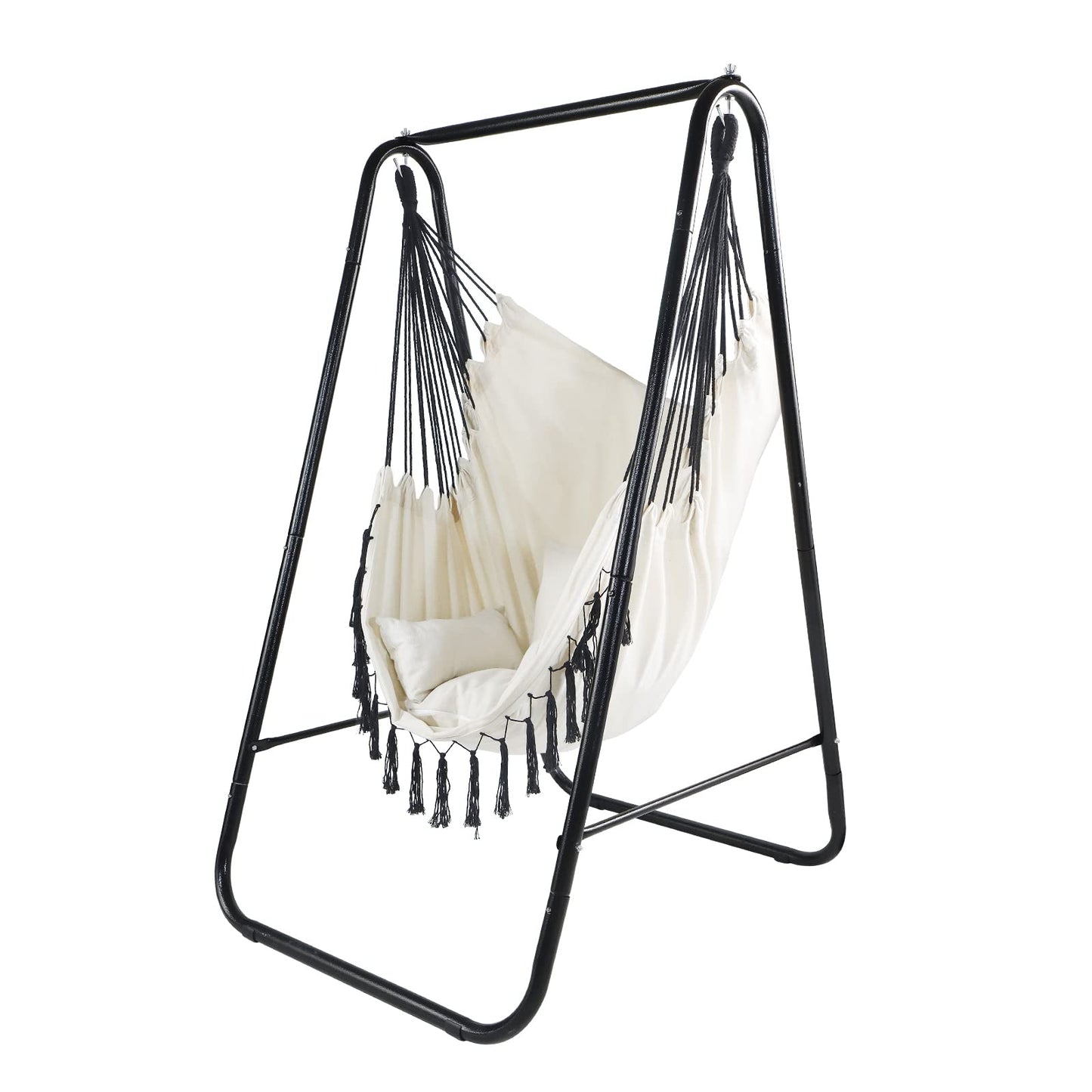 CCLIFE Silla Hamaca Colgante con Soporte, Columpio con Conjines, Carga Máxima 100 kg, para Interior y Exterior Beige